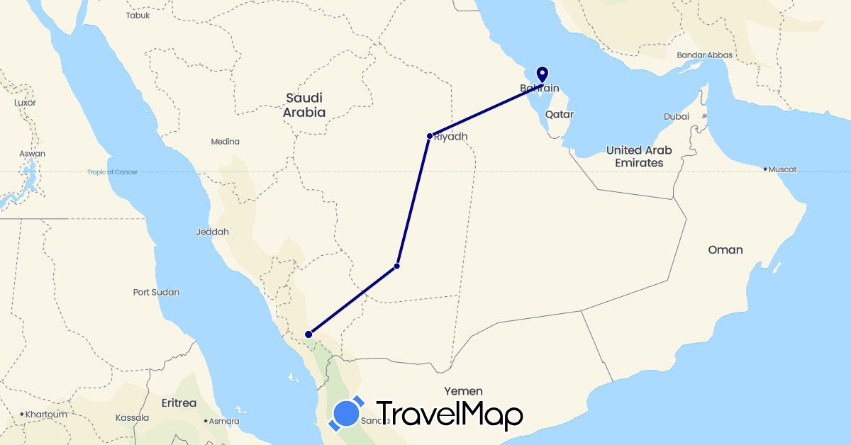 TravelMap itinerary: driving in Bahrain, Saudi Arabia (Asia)